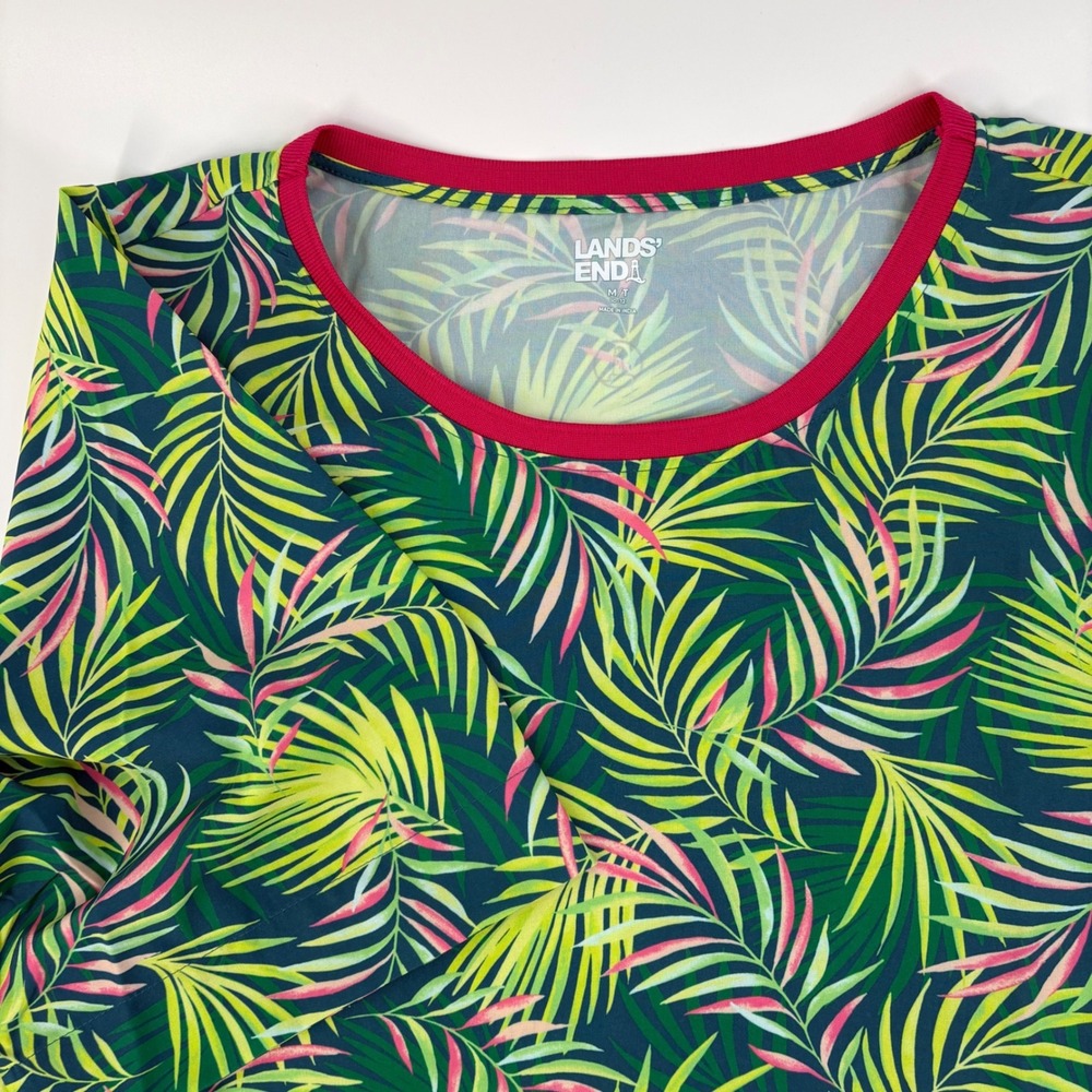 Lands End Womens Tropical Palm Leaf Print Top Short Sleeve Green Pink M/T 10-12